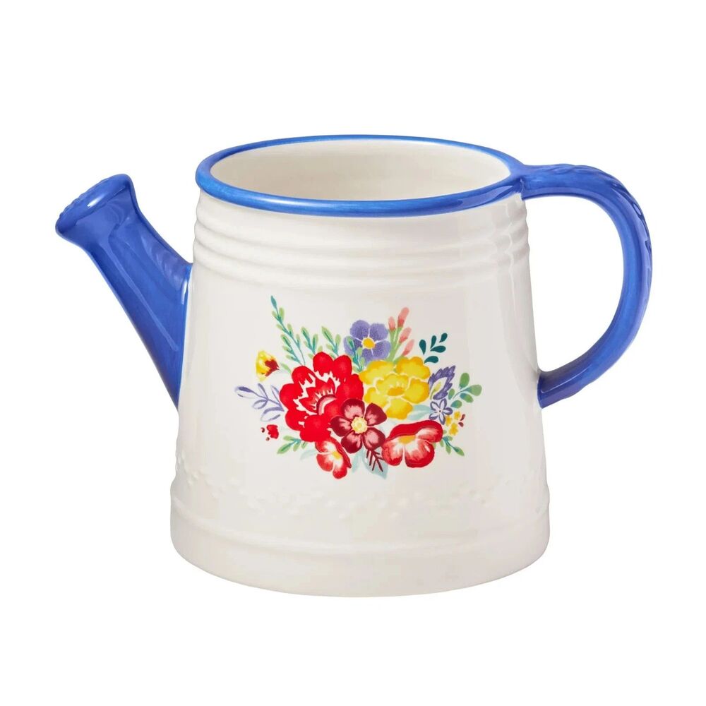 Pioneer Woman Watering Can Ceramic Planter Blue White Floral W Drain Hole NIB